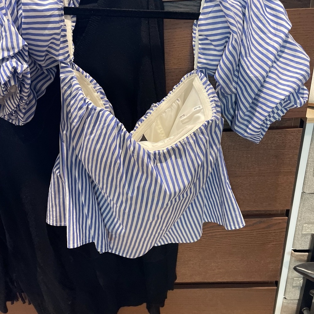Bardot Off the shoulder white and blue stripe top